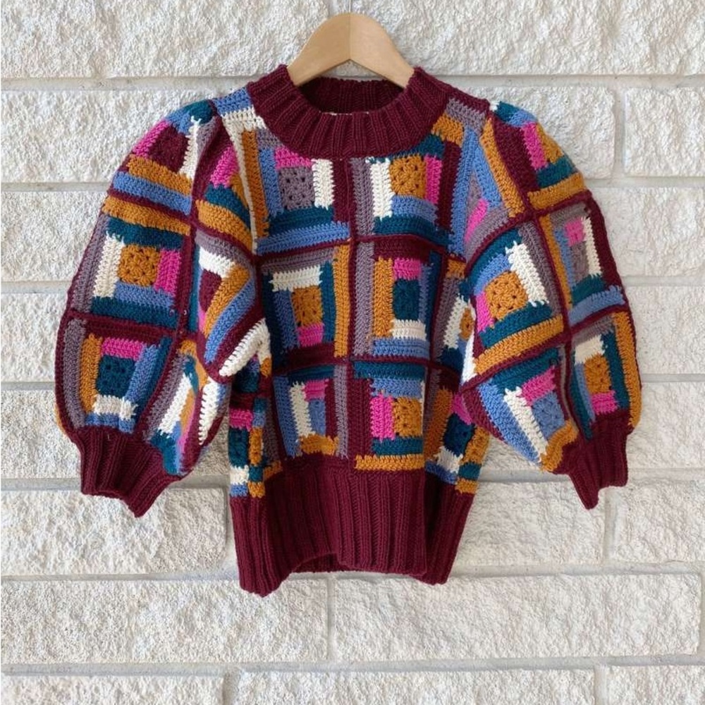 NWT 100% Wool SEA NY Camryn Puff Sleeve 
Colorful Patchwork Knit Sweater